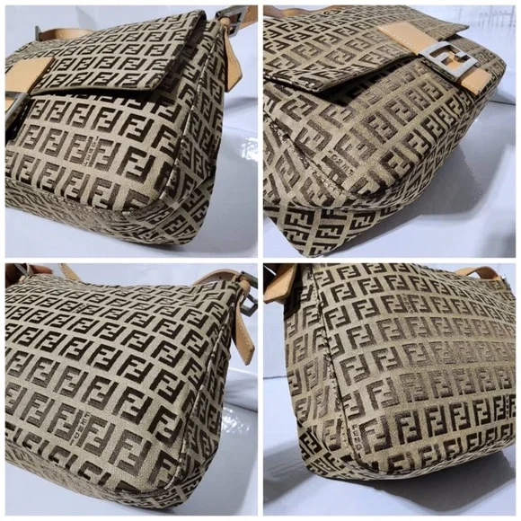 Authentic Fendi Zucchino Canvas Mamma Forever Shoulder Bag Brown/Beige